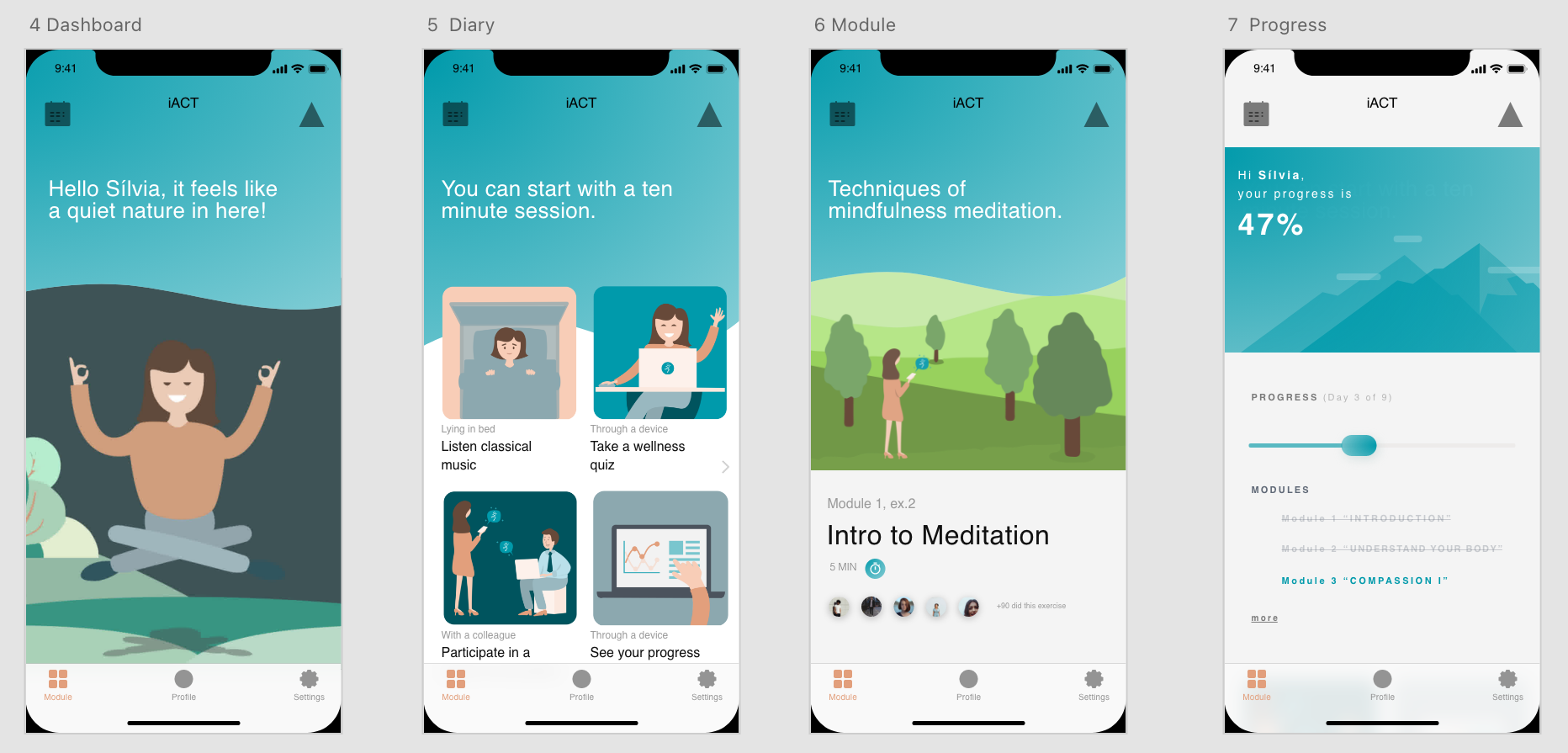 High-fidelity mobile prototype screens for iACTwithPain